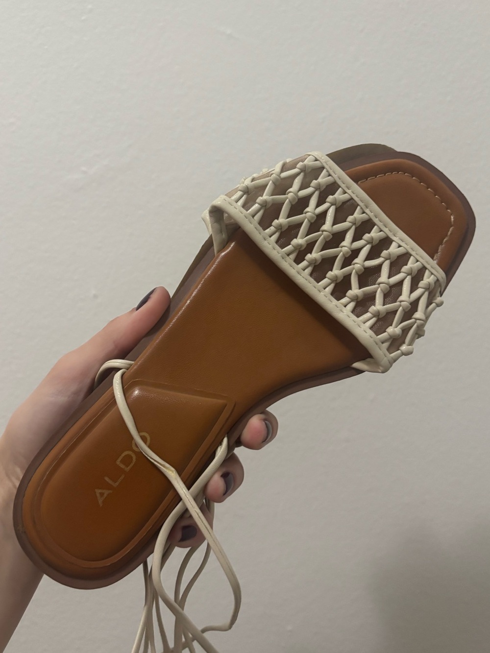 ALDO Brown Footbed Slide with Cream Woven Strap and Lace Ties